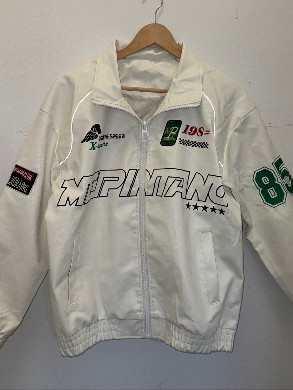 Leather Racing Jacket | White/Cream/Green | Size M/L